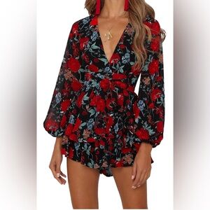 Elegant Black and Red Floral Romper